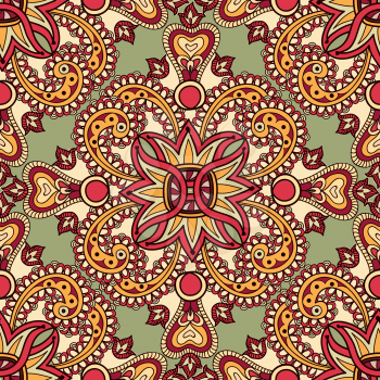 Flourish tiled floral geometric seamless pattern. Abstract oriental background. Fantastic flowers and leaves. Wonderland ornament motives of the paintings of arabic mandala. Indian fabric pattern.