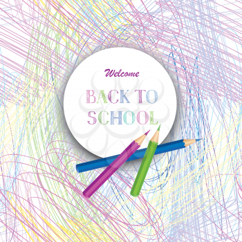Back to school background. School supplies over chaotic line pattern