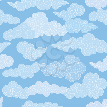 Abstract swirl shapes geometgrical tiled pattern in chinese style. Cloudy sky seamless backround