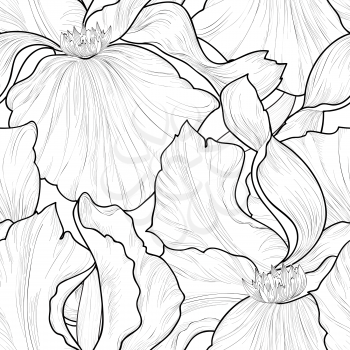 Floral seamless pattern. Flower iris engraving background.