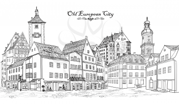 Street skyline. Houses, tower, buildings and cafe in old city. Cityscape view. 