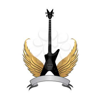 Rock music sign. Electric guitar with wings and ribbon. Musical festival label