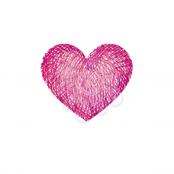 Red pencil drawing love heart isolated over white background