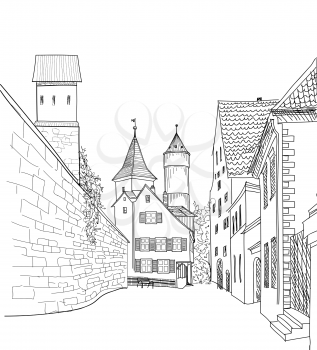 Street in old city. Cityscape - houses, buildings and tree on alleyway. Old city view. Medieval european castle landscape. Engraving vector sketch