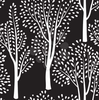 Nature seamless pattern. Forest tiled background. Trees and birds wildlife vector illustration. Floral black and white wallpaper
