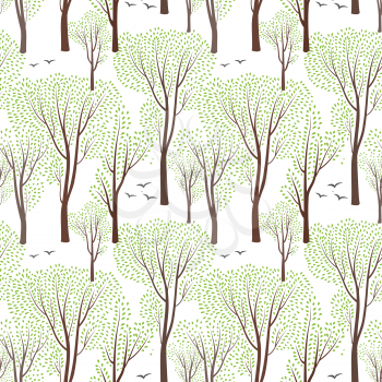 Spring nature wildlife seamless pattern Blooming trees background Plant with leaves. Forest birds ornamental endless pattern