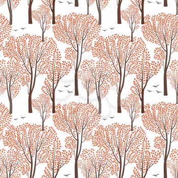 Fall nature wildlife seamless pattern Autumn trees background Plant with leaves. Forest birds ornamental endless pattern