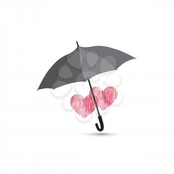 Two love herats over umbrella isolated over white background. Red opened umbrella protect two heearts. Valentine's day greeting card design concept.