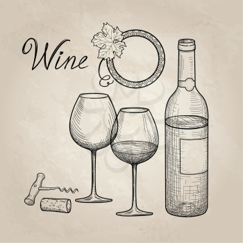 Wine set. Wine glass, bottle, grape branch, handwritten lettering. Vineyard sketch style collection