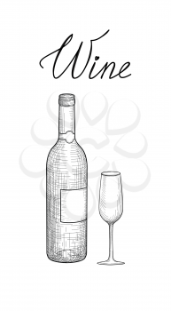 Wine set. Wine glass, bottle, lettering. Cafe menu. Wine card sketch