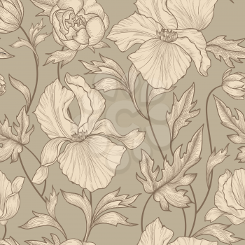 Floral seamless etching pattern. Flower background. Floral seamless texture with flowers. Flourish tiled wallpaper