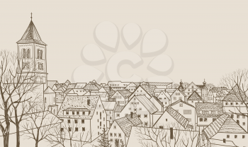 Street cafe in old city. Cityscape - houses, buildings and tree on alleyway. Old city view. Medieval european castle landscape. Pencil drawn editable vector sketch