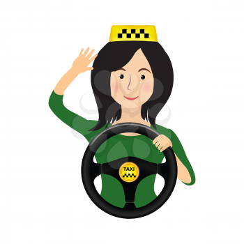 Taxi driver girl holding wheel. Concept background banner for order a taxi. Cartoon illustration of the trip in a taxi.