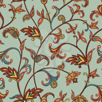 Floral  tiled pattern. Flourish oriental background. Ornament with fantastic flowers and leaves. Wonderland motives of the paintings in ancient Indian style.
