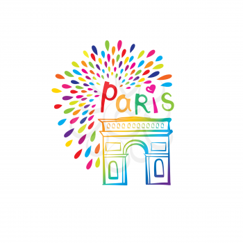 Paris sign. French famous landmark Arc de Triomphe. Travel France label. Paris architectural icon with lettering
