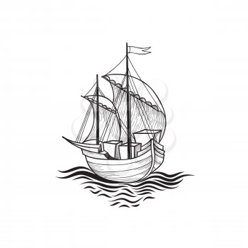 Sailing ship retro illustration. Ship transport cartoon. Marine travel sign
