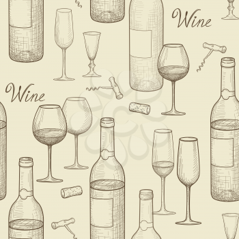 Drink wine seamless doodle pattern. Wine card bar background