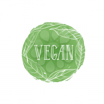 Vegetarian natural food sign. Vegan lettering in drawn circle label with leaves. Good icon for farm market. Typographic design element