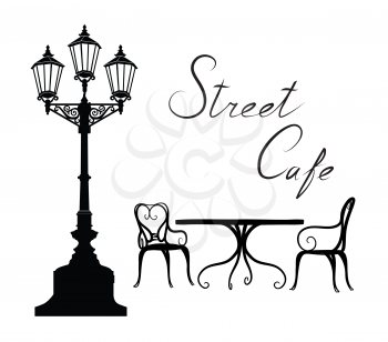 Street cafe - table, chairs, streetlight and lettering. City life design elements