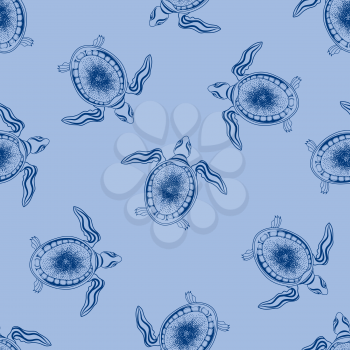 Turtle seamless pattern. Marine reptile swimming over blue background. Animal icon wallpaper