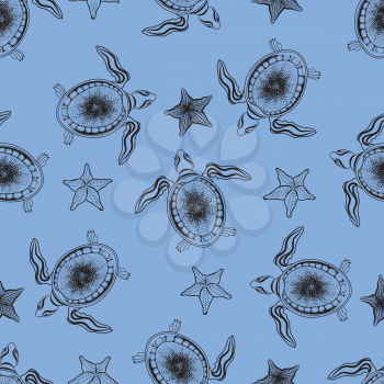 Underwater marine life pattern. Turtle and starfish tiled background