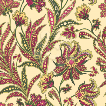 Floral pattern. Flourish tiled oriental ethnic background. Arabic ornament with fantastic flowers and leaves. Wonderland motives of the paintings of ancient Indian fabric patterns.