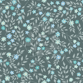Floral seamless pattern with flowers and leaves over grey background. Hand drawn fabric ornamental background. Floral line art decor design