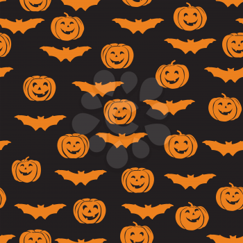 Happy Halloween seamless pattern. Holiday ornamental background with bat, pumpkin
