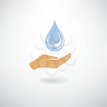 Blue Drop icon in hand silhouette. Save clean water symbol