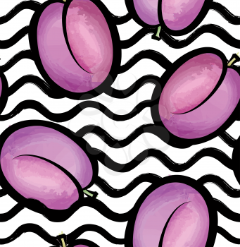 Abstract wave seamless pattern with plum. Stylish berry geometric background. Fruit ornamental wallpaper. Tropical food stripe texture 