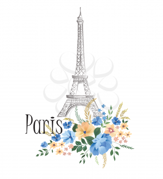 Paris background. Floral Paris sign with flower bouquet and Eiffel tower landmark. Travel France icon