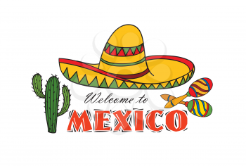 Mexican icon. Welcome to Mexico sign. Travel sign with cactus and sombrero hat