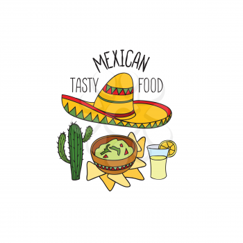 Mexican food symbol. National cuisine set. Mexican dish doodles sign. Fastfood icons with musical instrument and sombrero hat.
