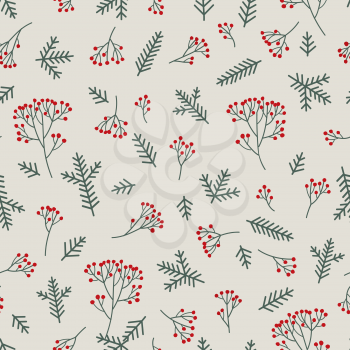 Christmas floral seamless pattern. Winter nature background. Fir tree, spruce branches, berries.