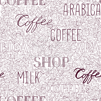 Coffee seamless pattern. Coffee beans and lettering COFFEE hand-drawn background