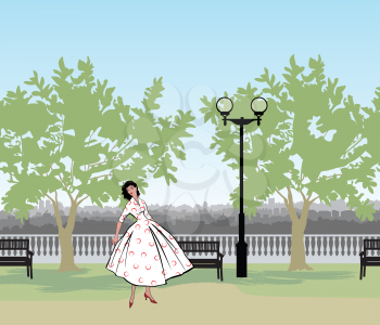 Retro fashion dressed woman (1950's 1960's style) in city park landscape. Stylish young lady in vintage clothes in summer city garden. Summer fashion silhouette from 60s. Park cityscape skyline. Urban life illustration.