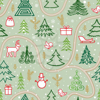 Christmas winter forest snow seamless pattern with holiday icons and New Year Tree, Snow, Deer, Gift, Birds. Happy Winter Holiday Snowfall Wallpaper with Nature Decor elements. Fir Tree branch and snowflakes