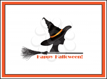 Halloween holiday greeting card with lettering Happy Halloween and witch in hat and bats silhouettes over white background