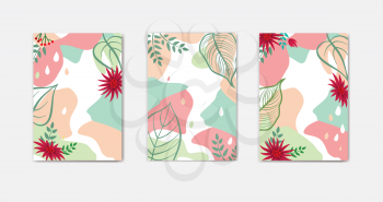Set of abstract floral background designs for summer holiday with tropical flowers leaves. Card templates for summer sale, social media promotional content. Vector illustration