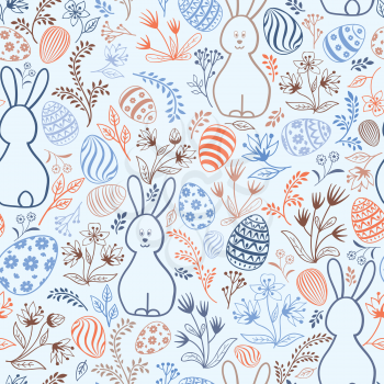 Easter holday seamless pattern. Spring gentle background with easter eggs and bunny. Happy Easter tile backdrop.