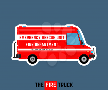 Fire truck isolated. Emergency rescue car. Fire department bus. Fire protection district van. Special service vehicle. Vector illustration