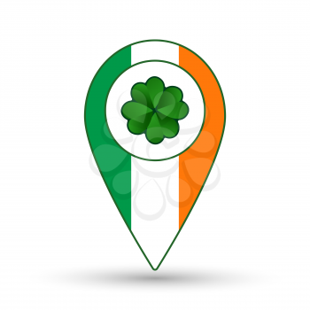 St. Patrick day icon for posters, greeting cards, brochures. Green clover with location mark and Ireland flag.  Vector illustration.