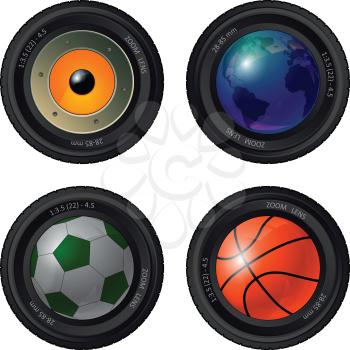Set of Camera Lens with Speaker, Globe, Football and Basketball balls. Vector design.
