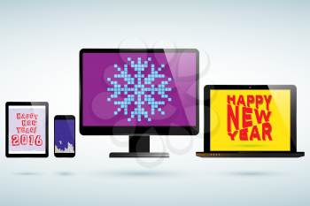 Monitor Laptop Smartphone Tablet Pad with various screen savers. New Year theme. Realistic vector design.