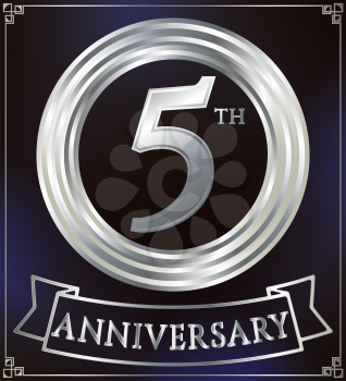 Anniversary silver ring logo number 5. Anniversary card with ribbon. Blue background. Vector illustration.