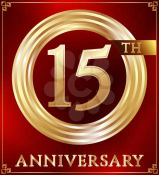 Anniversary gold ring logo number 15. Anniversary card. Red background. Vector illustration.