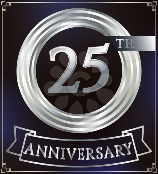Anniversary silver ring logo number 25. Anniversary card with ribbon. Blue background. Vector illustration.