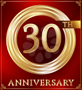 Anniversary gold ring logo number 30. Anniversary card. Red background. Vector illustration.