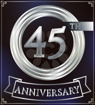 Anniversary silver ring logo number 45. Anniversary card with ribbon. Blue background. Vector illustration.