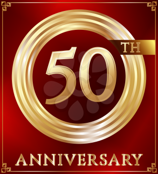 Anniversary gold ring logo number 50. Anniversary card. Red background. Vector illustration.